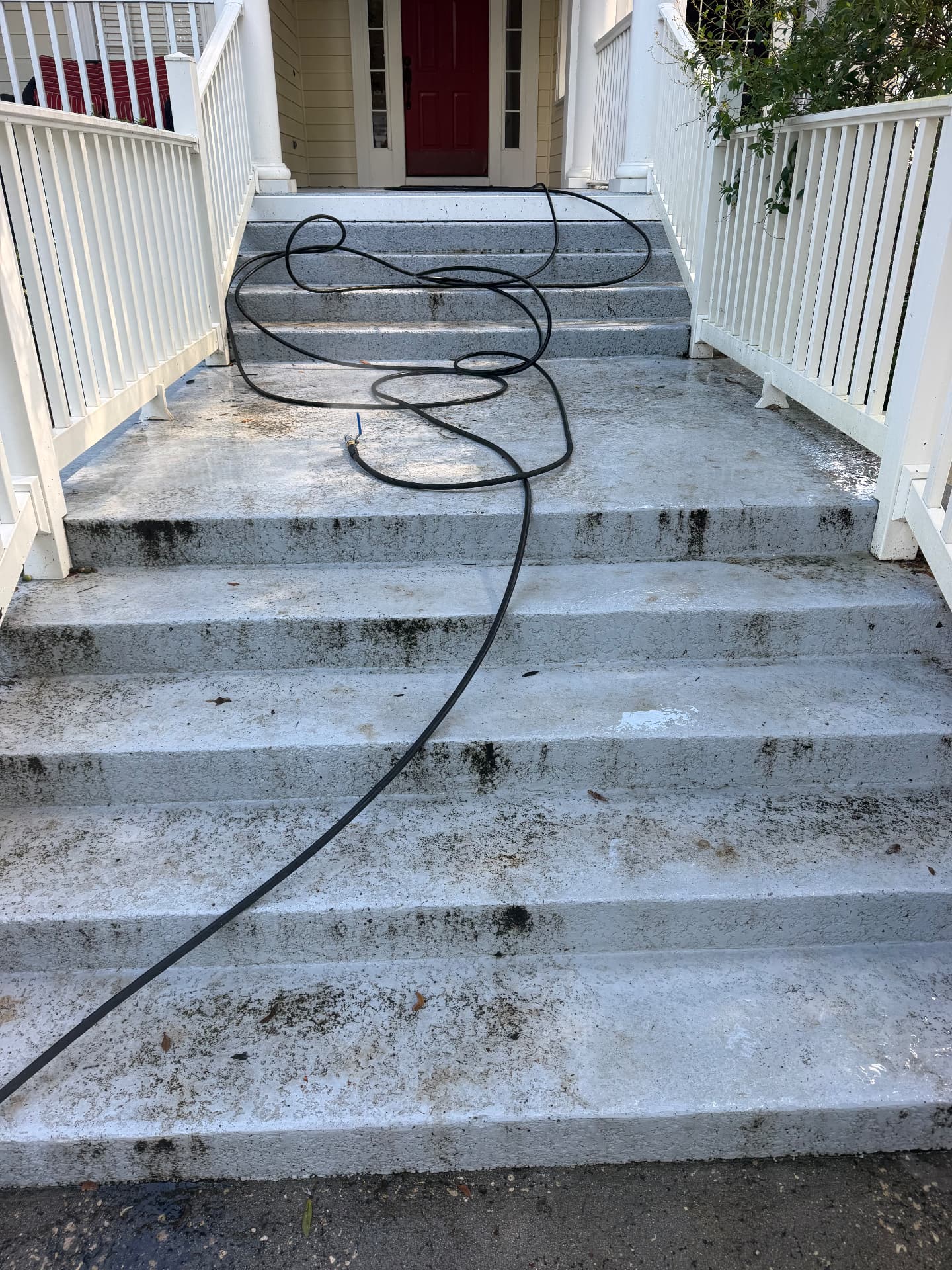 Front entry concrete steps and landing with mildew, mold and dark grime before pressure washing in Kissimmee, FL